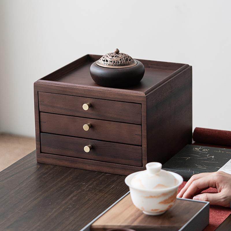 胡桃木茶饼收纳盒家用茶室可叠加普洱茶盒抽屉式实木分茶盘茶仓