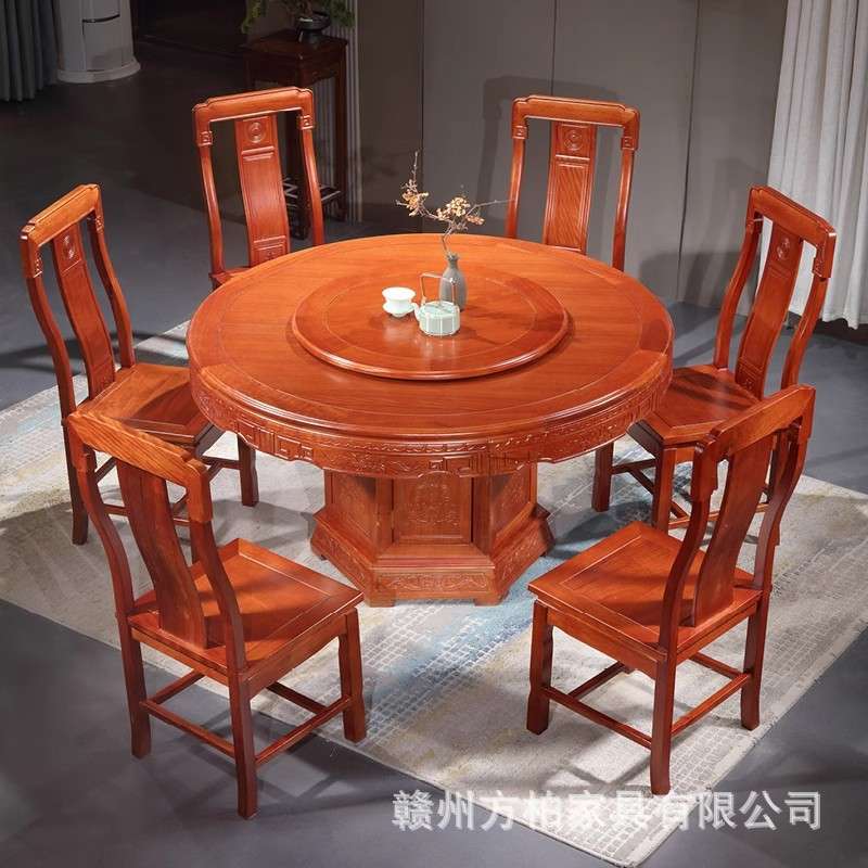 新中式花梨木全实木大圆桌家用圆形餐桌10人带转盘餐厅雕花圆饭桌