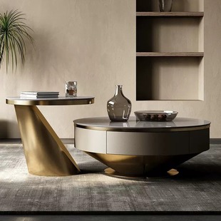 卡里冰玉茶几圆形大理石轻奢现代别墅样板房客厅茶桌客厅茶几