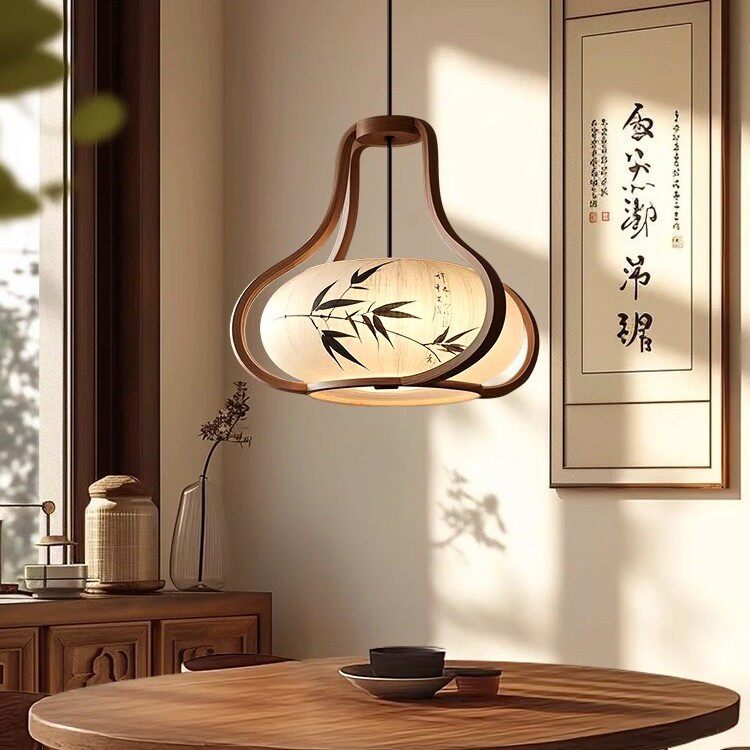 宋式美学家居竹叶实木灯笼布艺吊灯水墨画餐厅灯茶室卡座卧室用灯