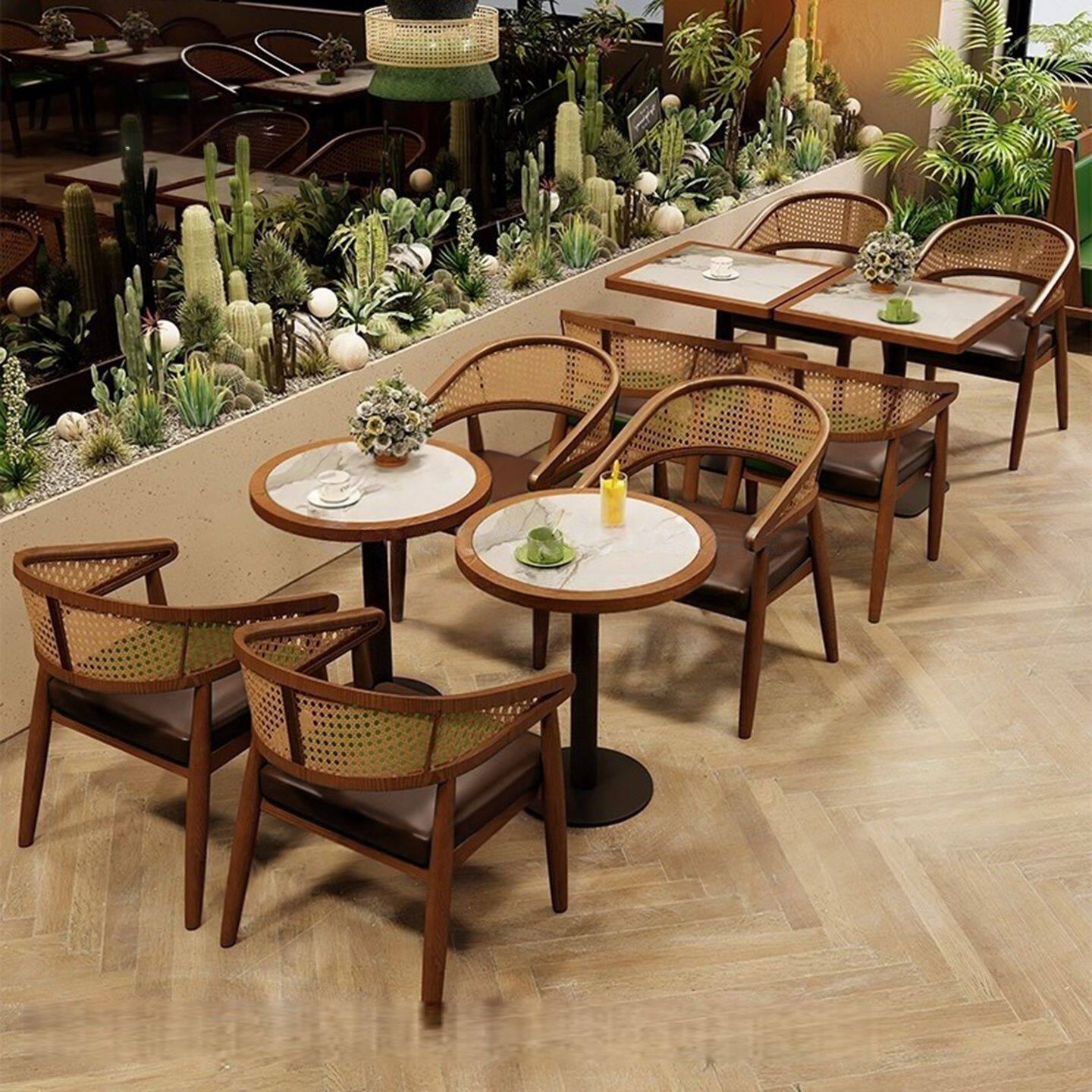主题餐厅卡座沙发实木藤编餐饮店饭店咖啡厅西餐厅商用桌椅组合