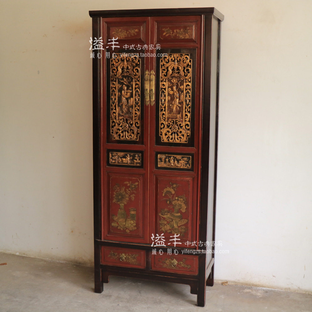 明清仿古典家具实木雕花两门储物书柜中式做旧复古手绘装饰柜出口