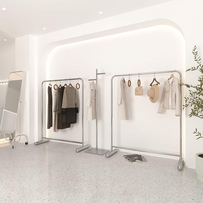 服装店挂衣架不锈钢拉丝银色货架中岛展示架落地架收纳店铺陈列架