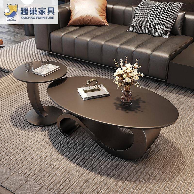 意式岩板茶几轻奢现代简约椭圆形茶几小户型客厅家用极简组合茶几