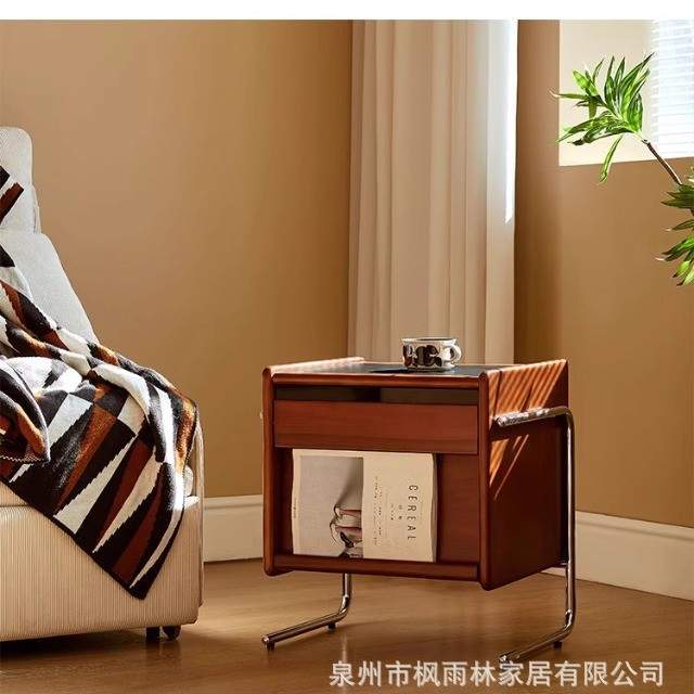 北欧实木床头柜家用简约收纳柜中古风边几小户型卧室床边柜樱桃木