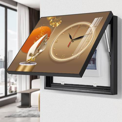 现代电表箱推拉装饰画带钟表免打孔装饰画电闸遮挡液压配电箱挂画