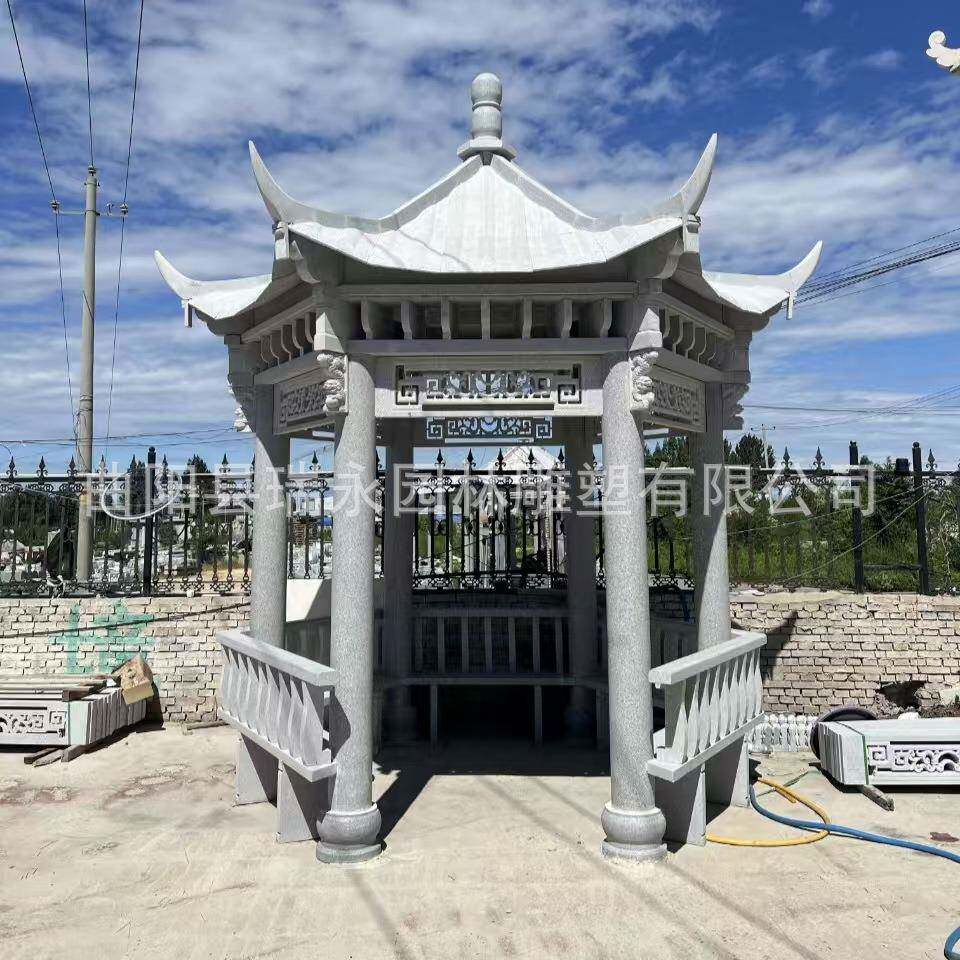 户外天然石材双层亭子石雕凉亭花岗岩晚霞红长廊广场小区中式别墅