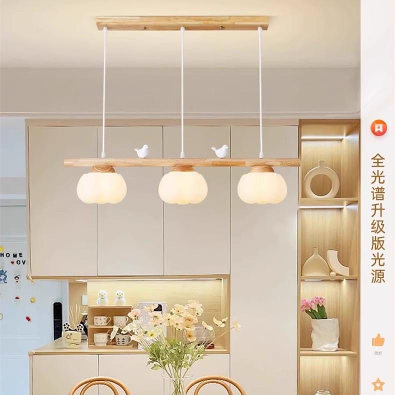 北欧现代简约实木餐厅创意个性led日式原木灯饰小鸟条纹吊灯6208