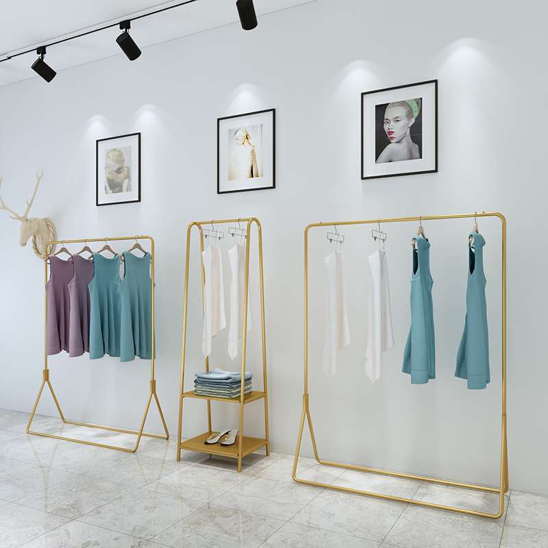 新款铁艺服装店展示架挂衣架子落地式金色童装架女装店货架中岛架