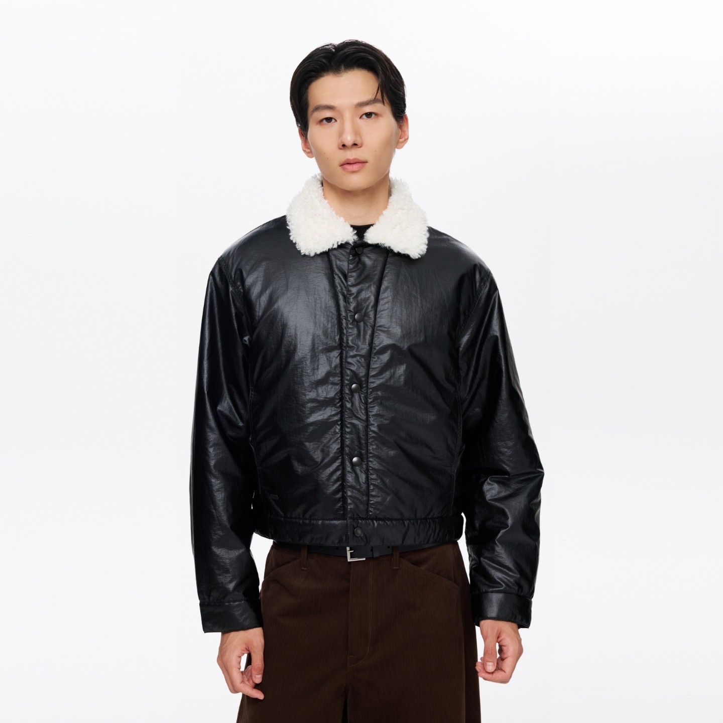 Oneup油蜡感羊羔毛棉服外套25冬季新款翻领保暖短款加绒棉衣夹克