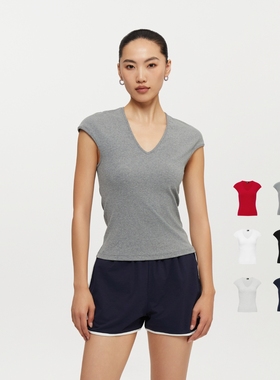 Oneup美式基础V领修身短袖上衣重磅220g弹力休闲白色百搭T恤女夏