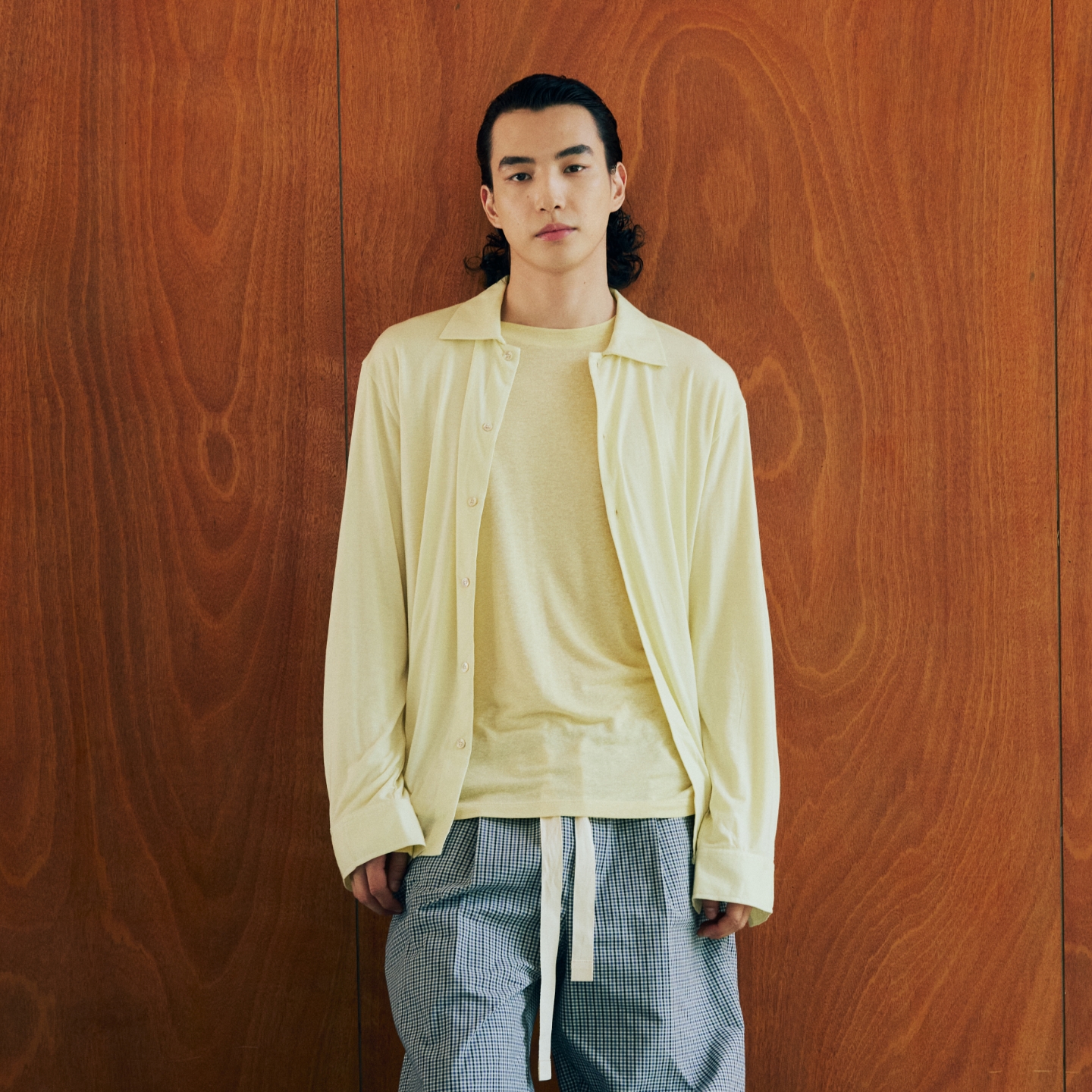 Oneup羊毛垂感宽松衬衫春秋慵懒风修身高级百搭黄色休闲衬衣男女