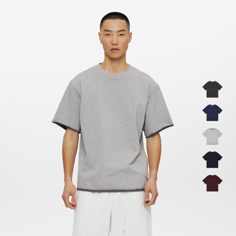 Oneup全棉散边双色设计感短袖T恤宽松五分袖落肩显瘦上衣男女同款