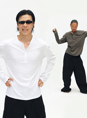 Oneup亨利领t恤男士长袖打底衫白色基础百搭休闲宽松上衣polo衫春