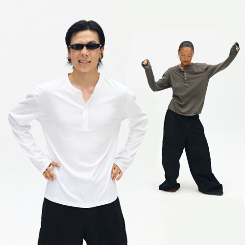 Oneup亨利领t恤男士长袖打底衫白色基础百搭休闲宽松上衣polo衫春