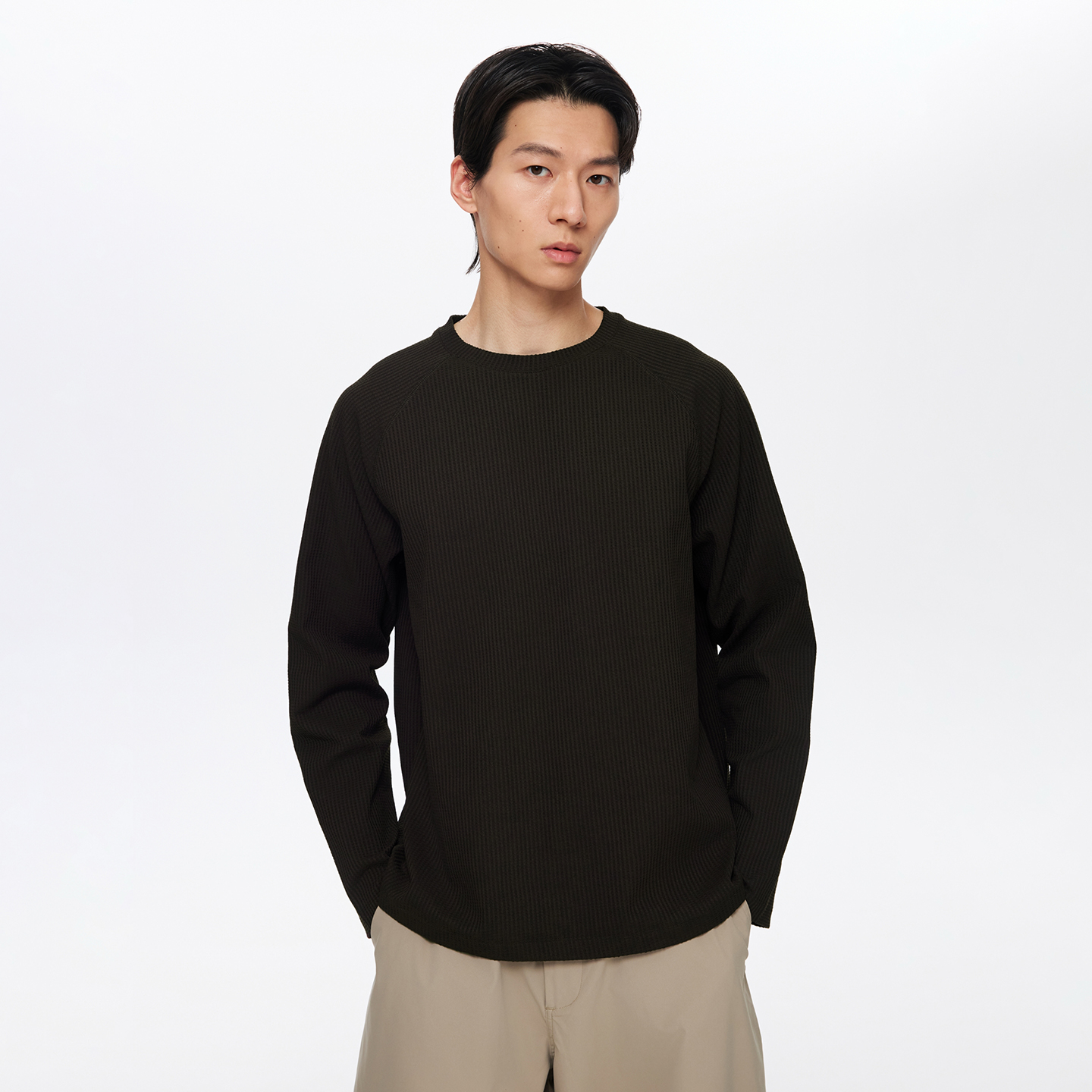 Oneup华夫格插肩长袖休闲运动宽松基础黑色打底衫圆领上衣男女T恤