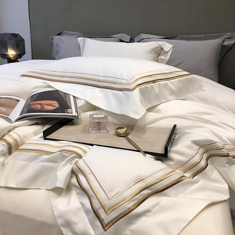 高级感120支长绒棉四件套全棉纯棉轻奢纯色刺绣床单简约床上用品4