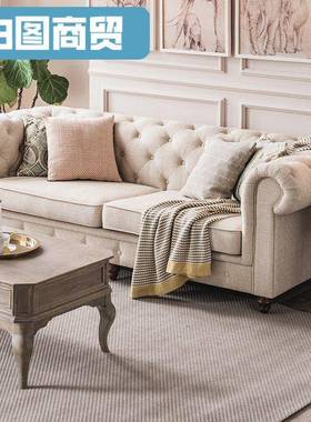jF7美式复古实木沙发沙发客厅小户型布艺拉扣三人直排现代家具米
