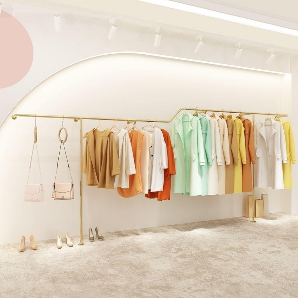 服装店上墙壁挂式女装店专用挂衣服架子金色上墙悬挂式货架收纳