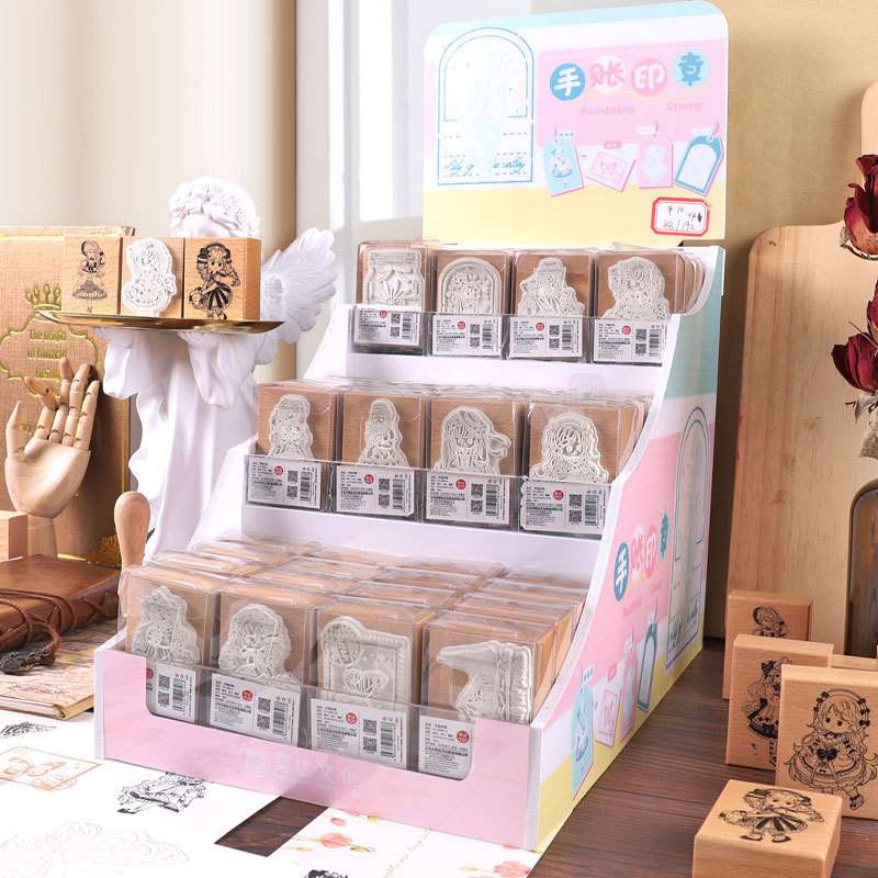 新款卡通手账印章DIY制作木质榉木印章12个图案木质印章送木架