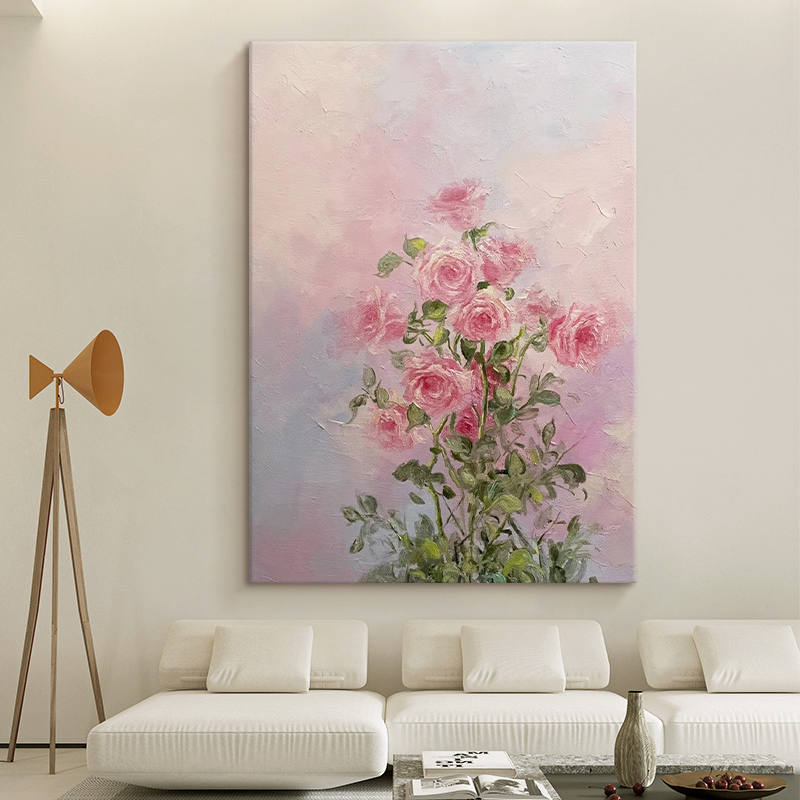 北欧风粉色玫瑰纯手绘油画植物花卉客厅餐厅装饰画肌理感玄关挂画图片