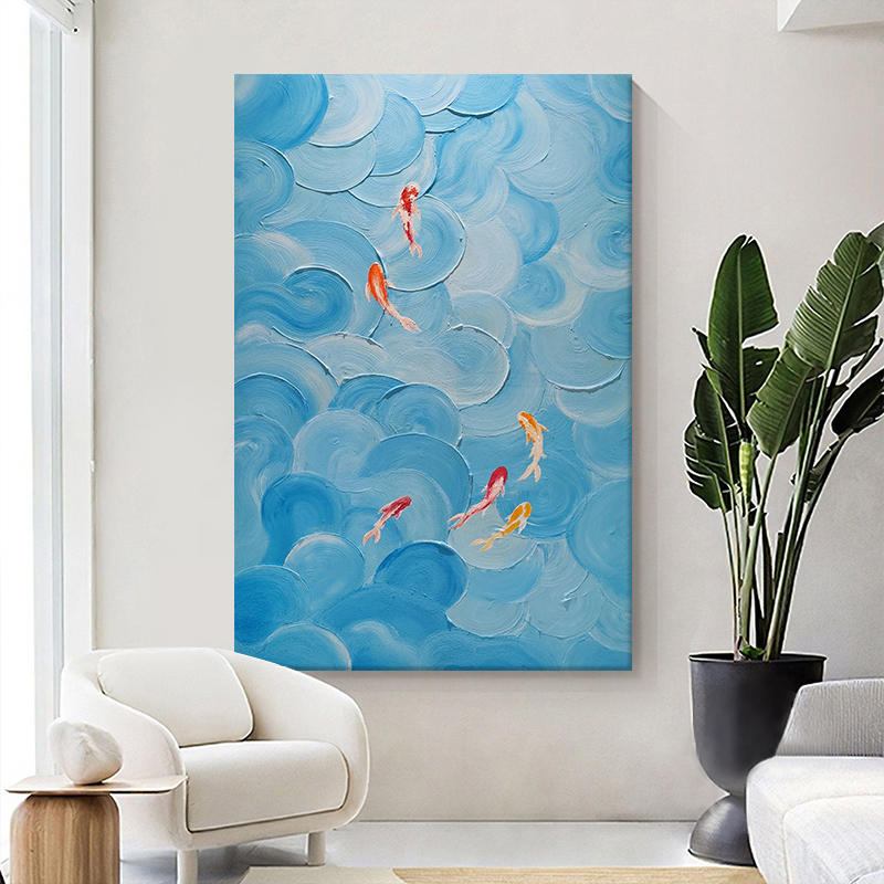 玄关抽象锦鲤手绘油画客厅立体蓝色海浪肌理画丙烯九鱼图装饰挂画图片