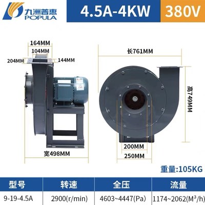 新九洲普惠919高压离心风机低噪音工业吸风锅炉除尘抽风排风380品