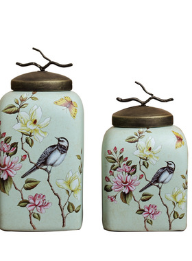 美式乡村陶瓷带盖储物罐客厅家居装饰花瓶插花软装样板间结婚摆件