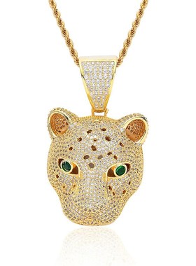 项链嘻哈吊坠欧美镶豹子头饰品链头款男动物毛衣小众潮男女锆石长
