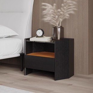 意式极简六边形床头柜简约现代设计师百搭卧室黑橡木色玻璃床边柜