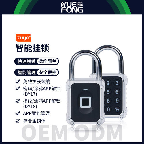 粤丰跨境智能涂鸦指纹锁电子挂锁锌合金密码锁挂锁小型锁头厂家