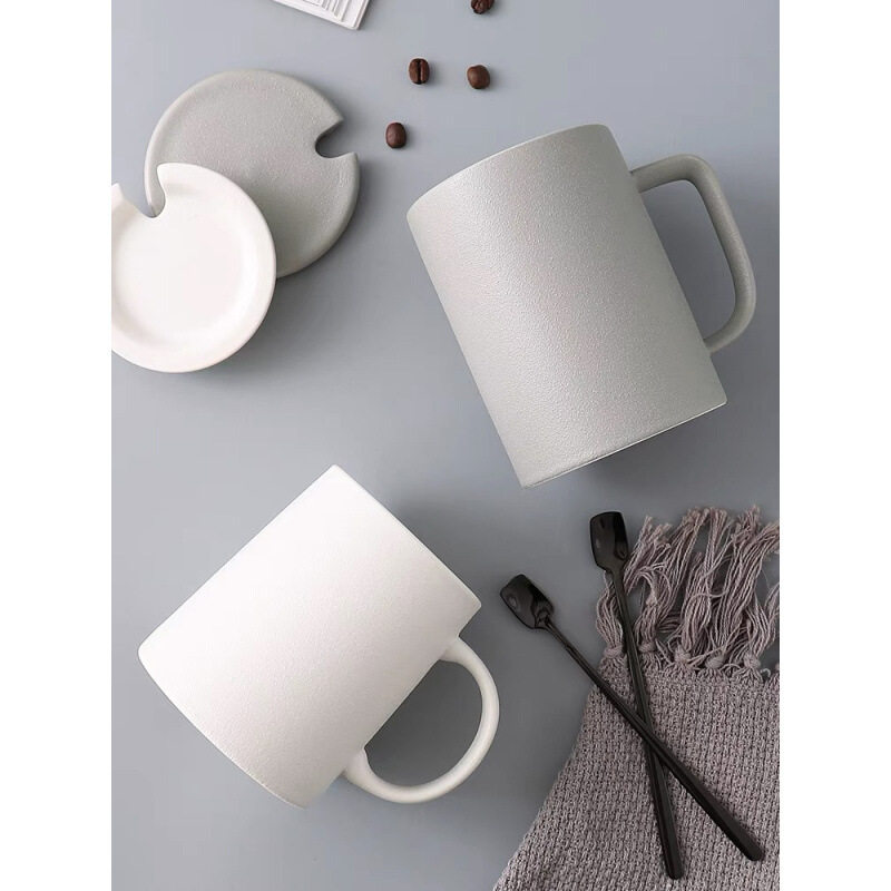 欧式简约灰白釉磨砂陶瓷杯带盖复古马克杯咖啡杯家用早餐燕麦水杯
