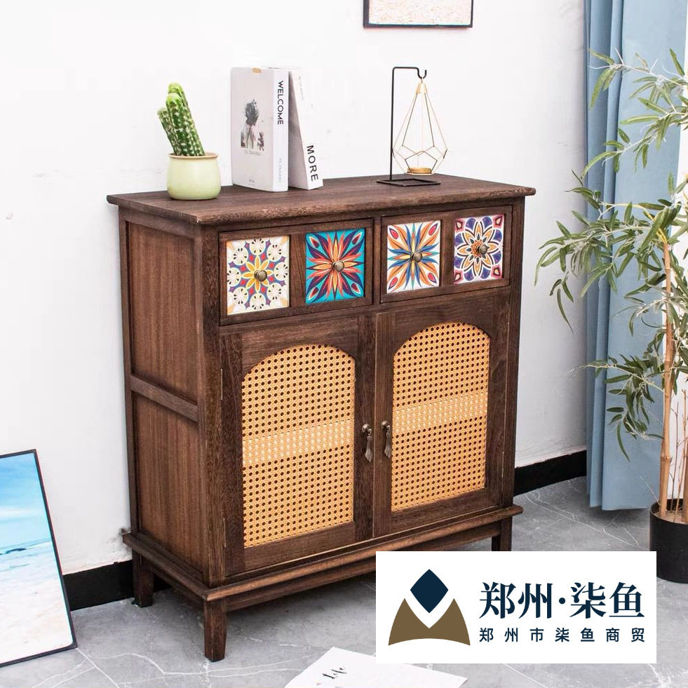 新中式实木餐边柜家用藤编茶水柜餐厅复古备餐柜入户玄关靠墙柜子