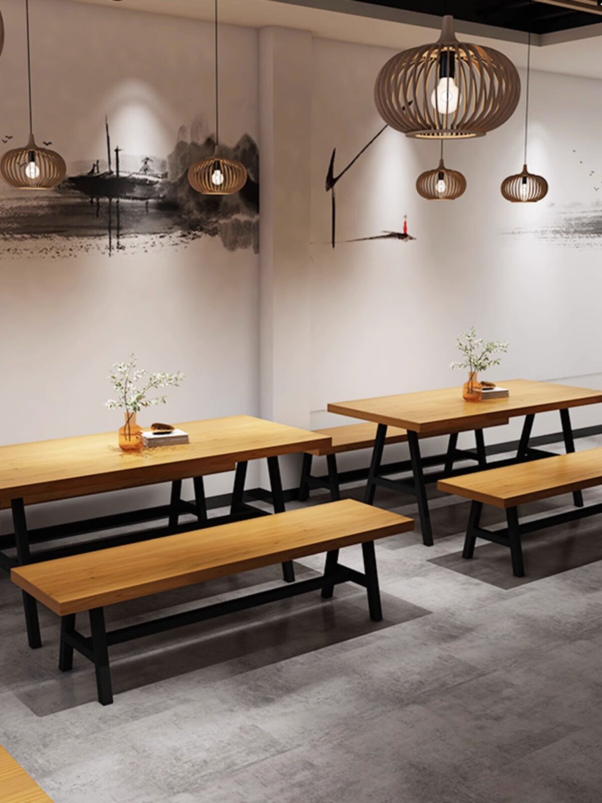 复古实木长条桌椅组合loft美式餐厅咖啡厅酒吧烧烤火锅店餐桌长凳