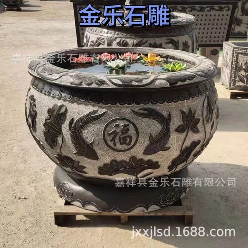 青石仿古石雕鱼缸花盆养鱼圆缸户外庭院摆件大理石荷花缸厂家直销
