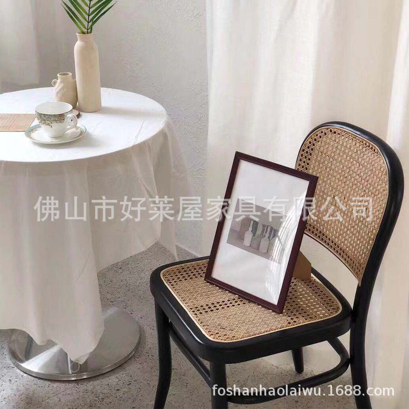 藤编餐椅实木椅子靠背椅家用新中式中古椅网红索耐特民宿酒店复古