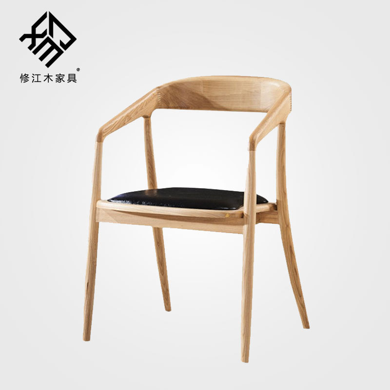 皮革面白蜡木坐垫靠背椅 木骨架家用客厅实木椅 现代简约酒店餐椅