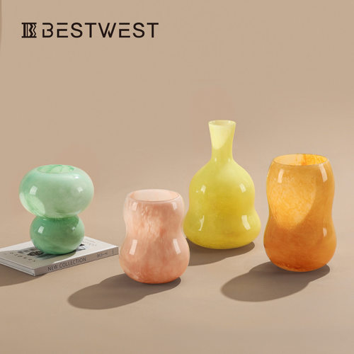 Best west 粉色大肚水培玻璃花瓶家居高级感软装饰品插花花器
