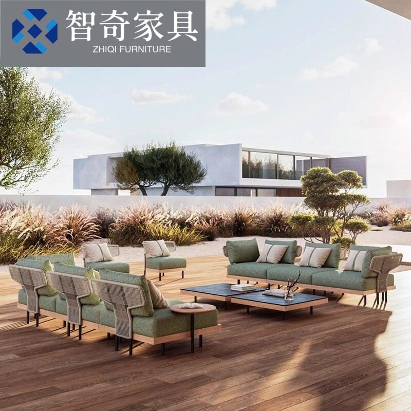 户外绳编沙发酒店民宿柚木别墅庭院花园阳台防水防晒沙发桌椅组合