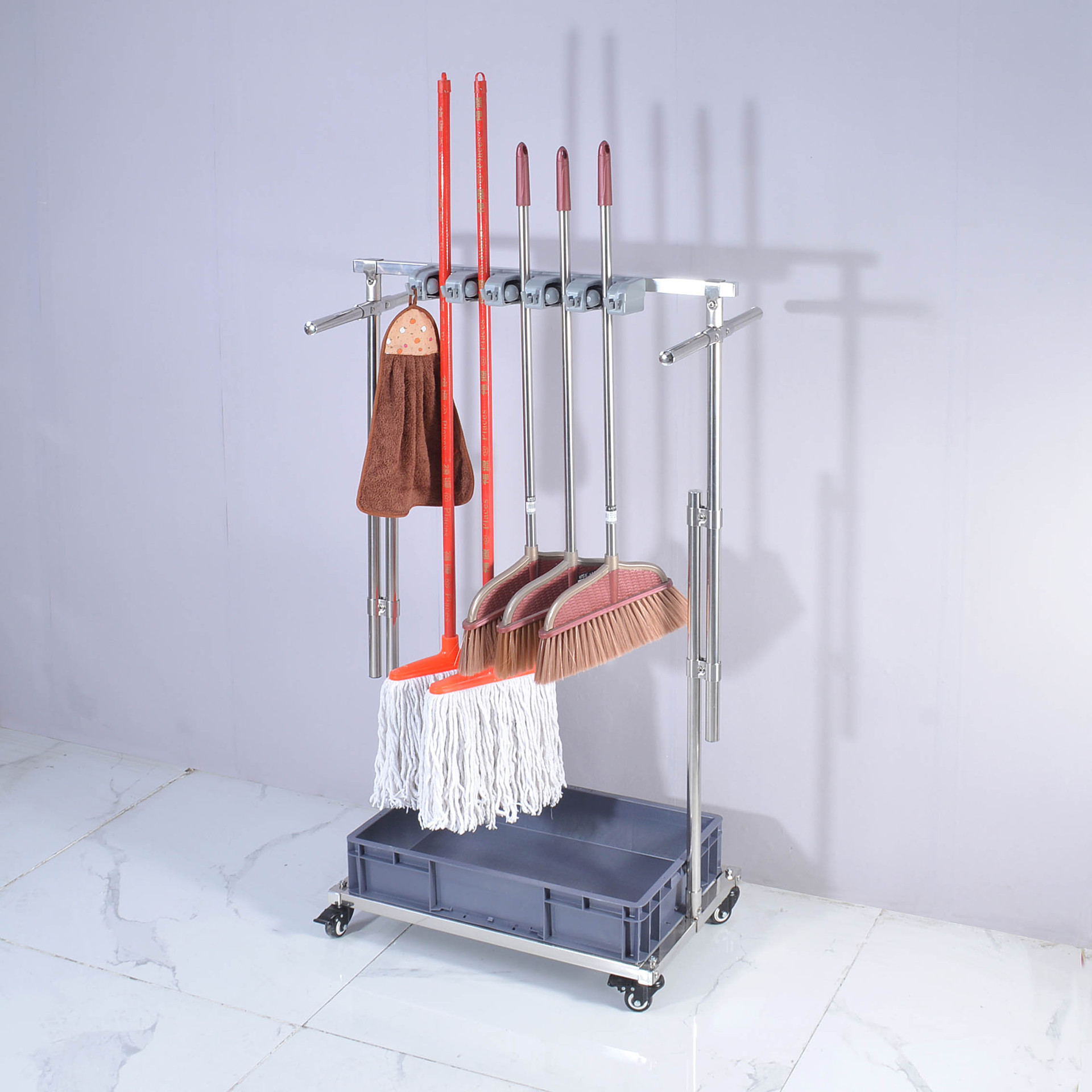 落地伸缩调节高度不锈钢移动拖把架清洁工具收纳墩布挂架可改尺寸