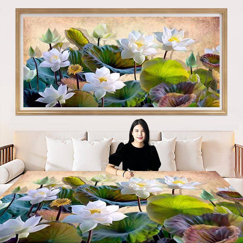白莲花十字绣2026年新款线绣客厅自己绣中式出淤泥而不染花卉大幅