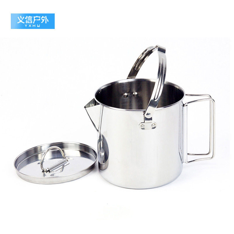 户外不锈钢烧水壶1.2L登山野营茶壶便携吊锅炊具咖啡壶野餐锅批发
