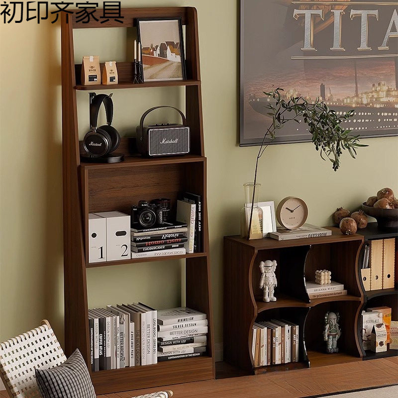 书架黑胡桃木色展示架书刊架中古客厅落地多层收纳架复古超薄边柜