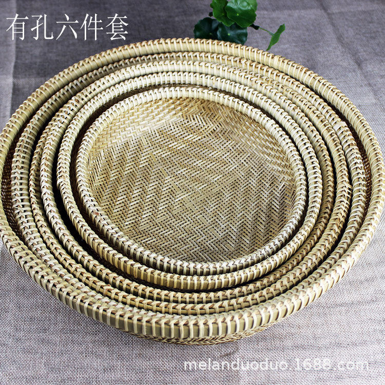 竹制精编收纳筐有孔无孔竹筛竹扁馒头筐旅游工艺品簸箕果盘直销
