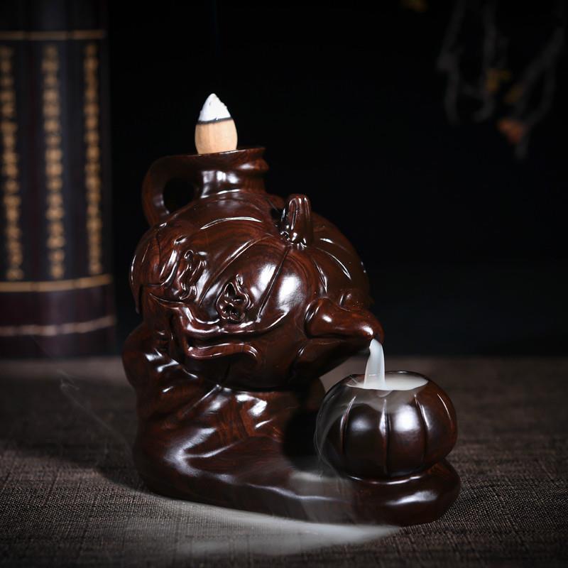 创意黑檀木雕南瓜茶壶烟倒流檀香炉/红木质迷你塔香薰炉家居摆件