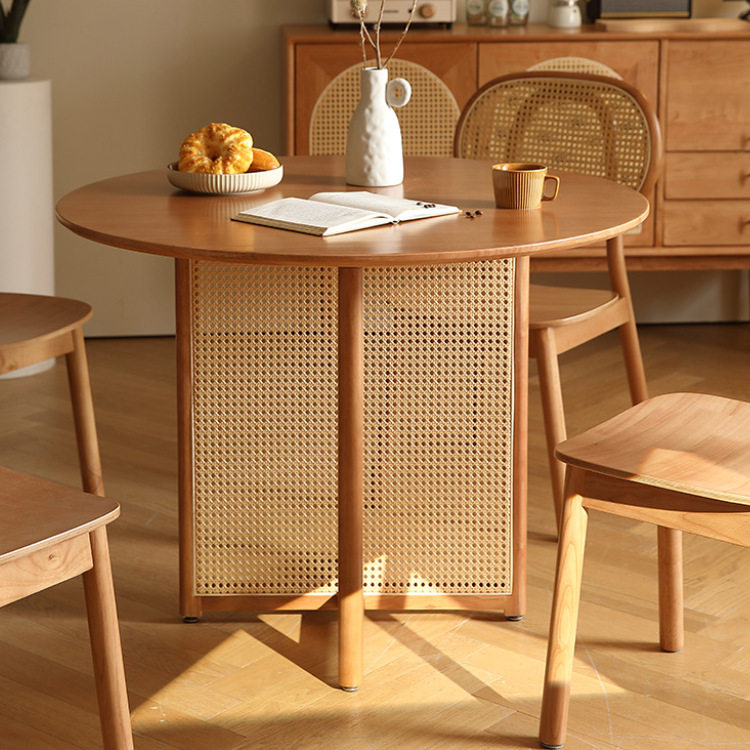 日式复古藤编实木餐桌椅小户型家用客厅茶几原木风餐厅圆形饭桌子