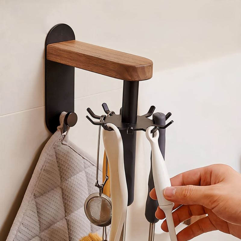 厨房胡桃木挂钩旋转多功能勺子锅铲收纳架厨具置物架免打孔挂架