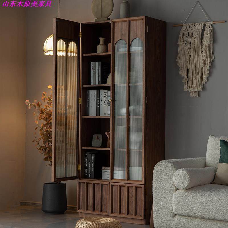 北美黑胡桃木实木书柜复古简约现代书架日式书房玻璃展示柜收纳柜