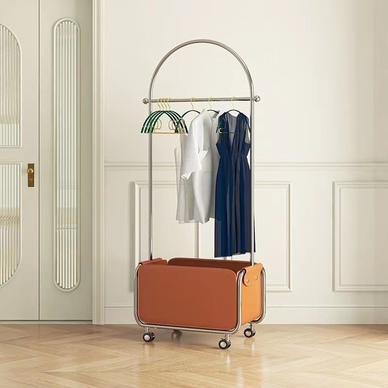 ins不锈钢皮兜收纳卧室客厅落地可移动支架金属服装衣帽架挂衣杆