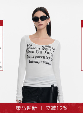 CalledBack长袖上衣女2025秋季新款法文印花修身内搭针织打底衫